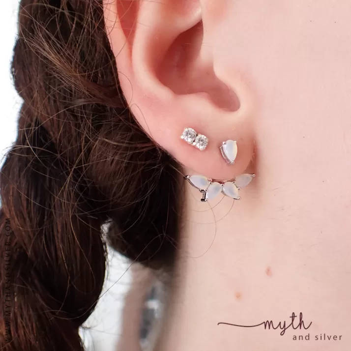 Opal style CZ ear jacket earrings - on model