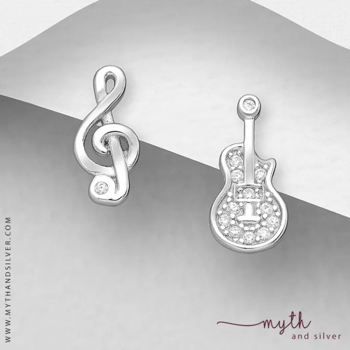 Sterling silver guitar and treble clef music stud earrings