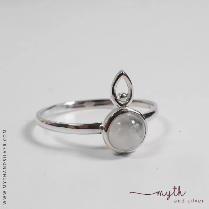 Close up of silver moonstone ring