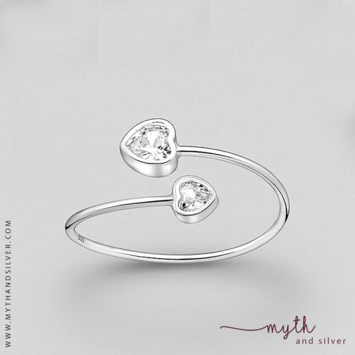 925 Sterling Silver Heart Adjustable Ring, Decorated with CZ Simulated Diamonds