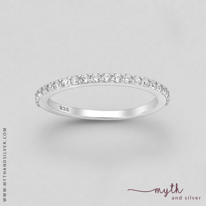 CZ Collection Band Rings 925 Sterling Silver Band Ring, Decorated with CZ Simulated Diamonds, 2 mm Wide